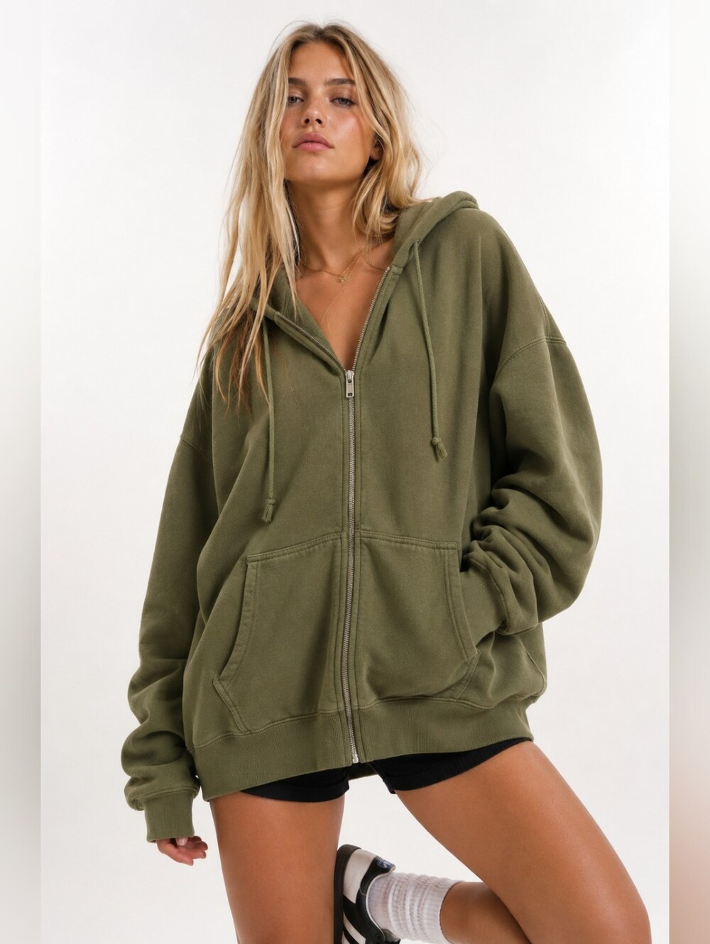Brandy Melville Christy Oversized Olive Green Full Zip Hoodie